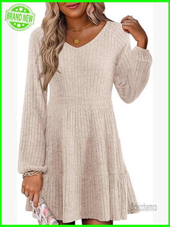 Dresses & Skirts - Long Sleeve V Neck Ribbed Knit Babydoll Tiered Mini Sweater Dress